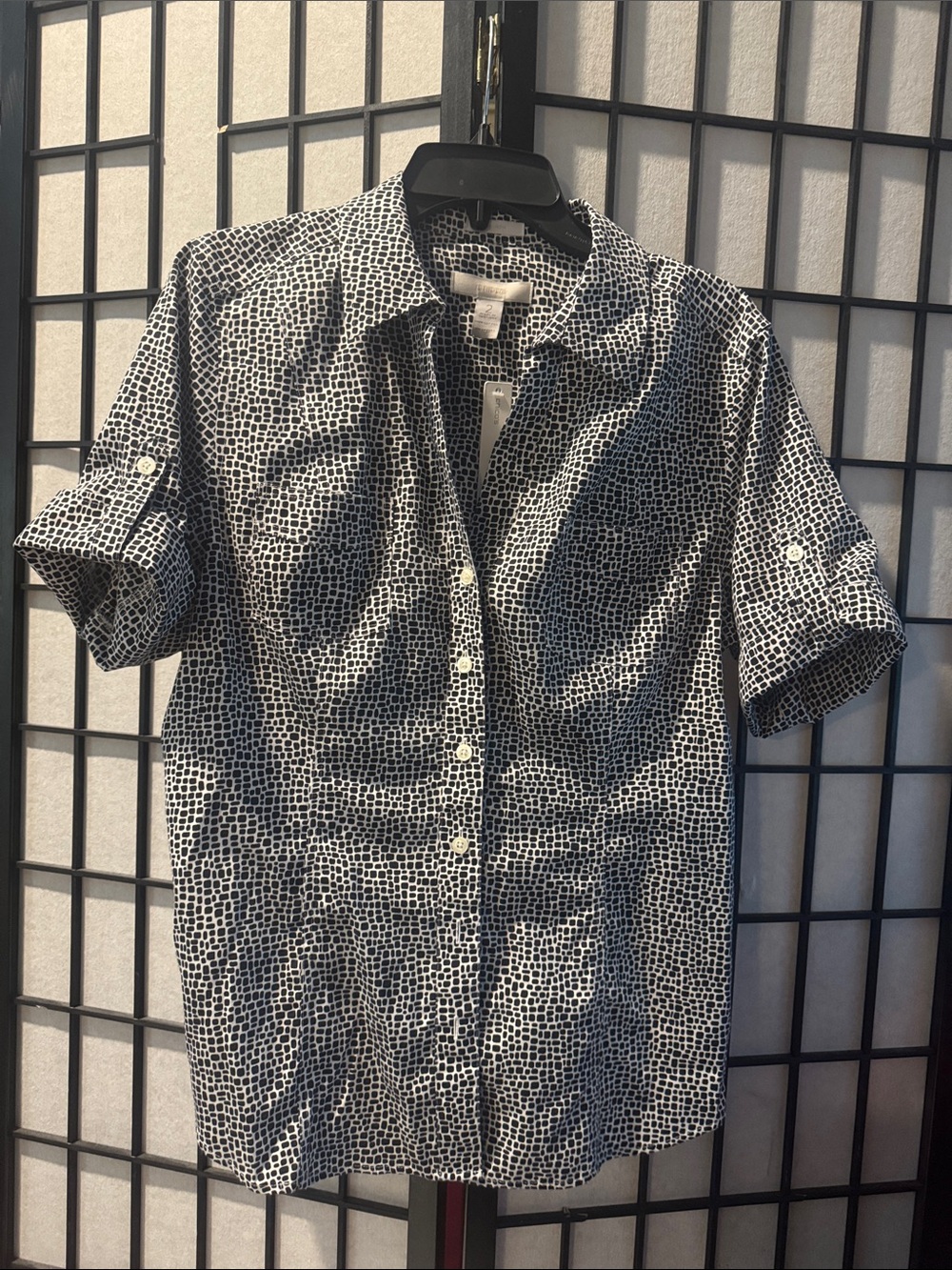 Chico's Black and White Geo-Print Short-Sleeve Button-Down Shirt
